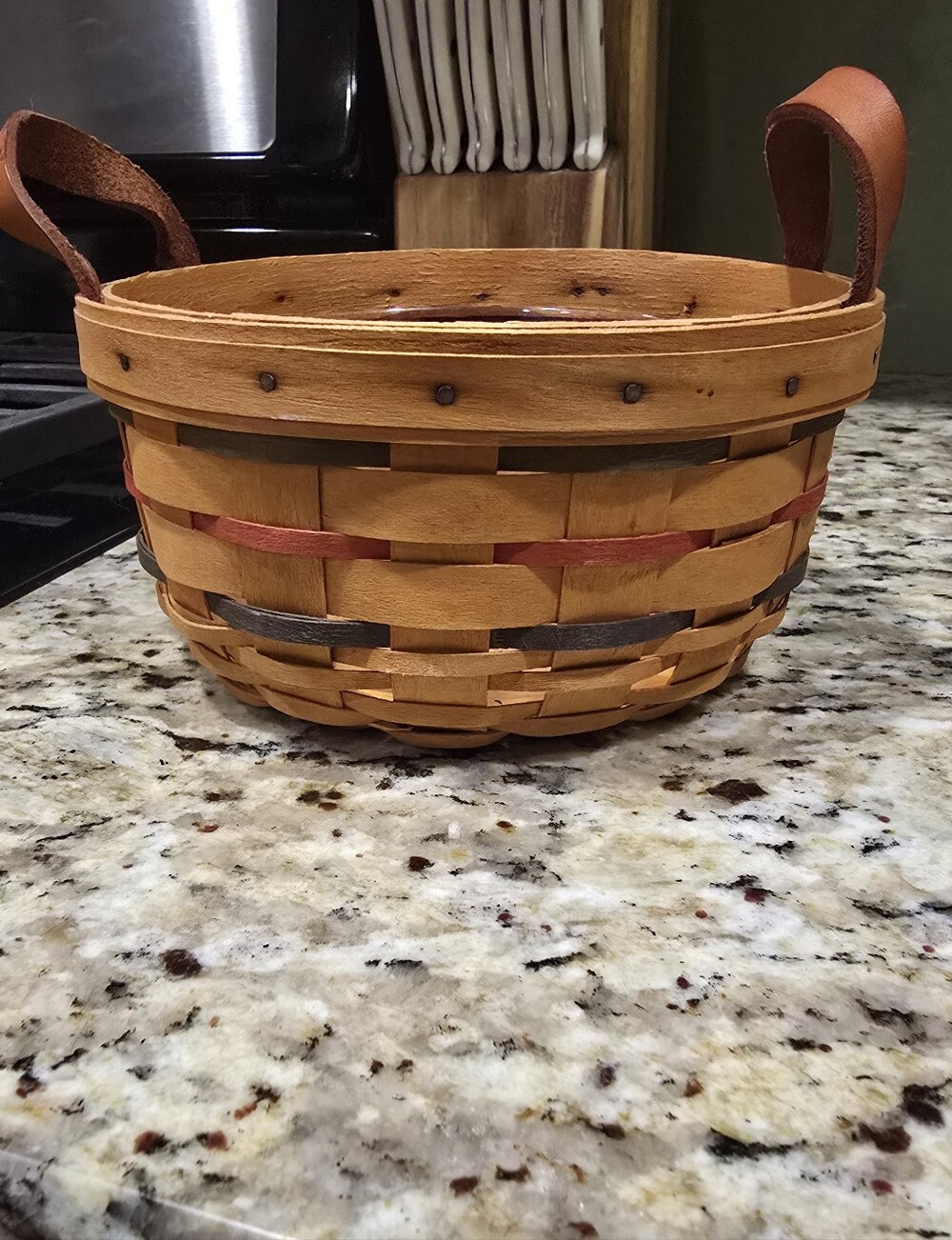 🔥Longaberger Rustic Wood Basket with Red and Black Accents